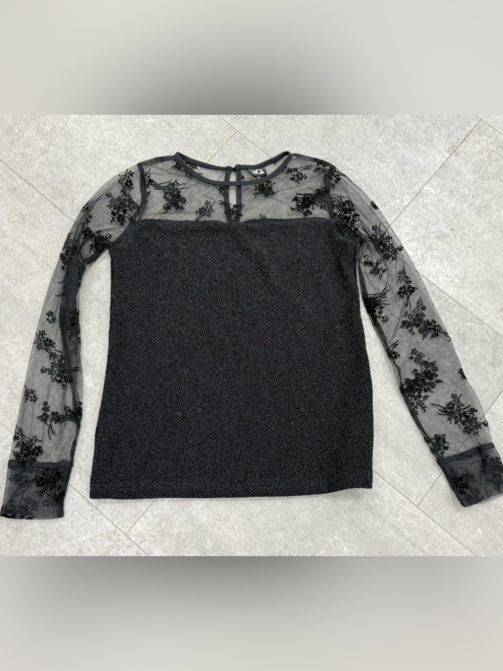 Vintage Y2K Black Glitter Knit Top Sheer Floral Mesh Sleeves Size Girls 16y